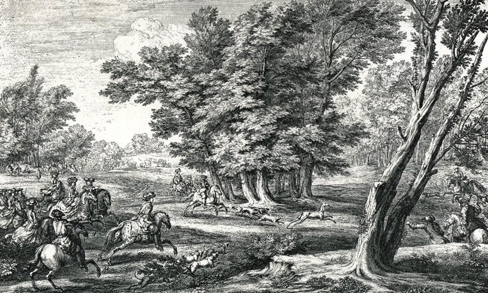 Louis XIV à Fontainebleau - Illustration tirée de l'ouvrage La Chasse à travers les Âges - Comte de Chabot (1898) - A. Savaète - (Gallica)